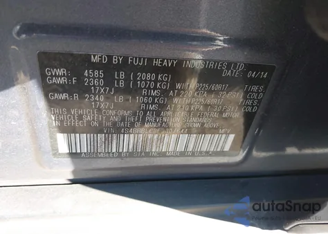 2014 Subaru Outback 2.5I Limited из США, поврежденный, VIN 4S4BRBLC8E3307644